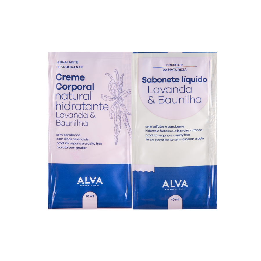 🎁 Kit Sachê Duplinha Creme Corporal + Sabonete Líquido Lavanda e Baunilha 10ml Alva (100% off)