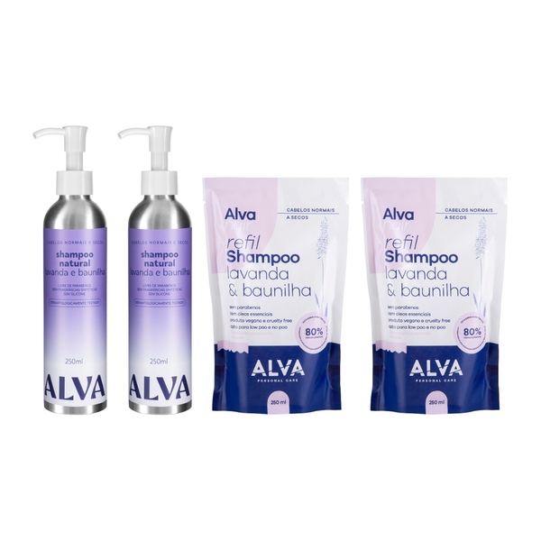 Kit 2 Shampoos + 2 Refis Lavanda e Baunilha 250ml Alva